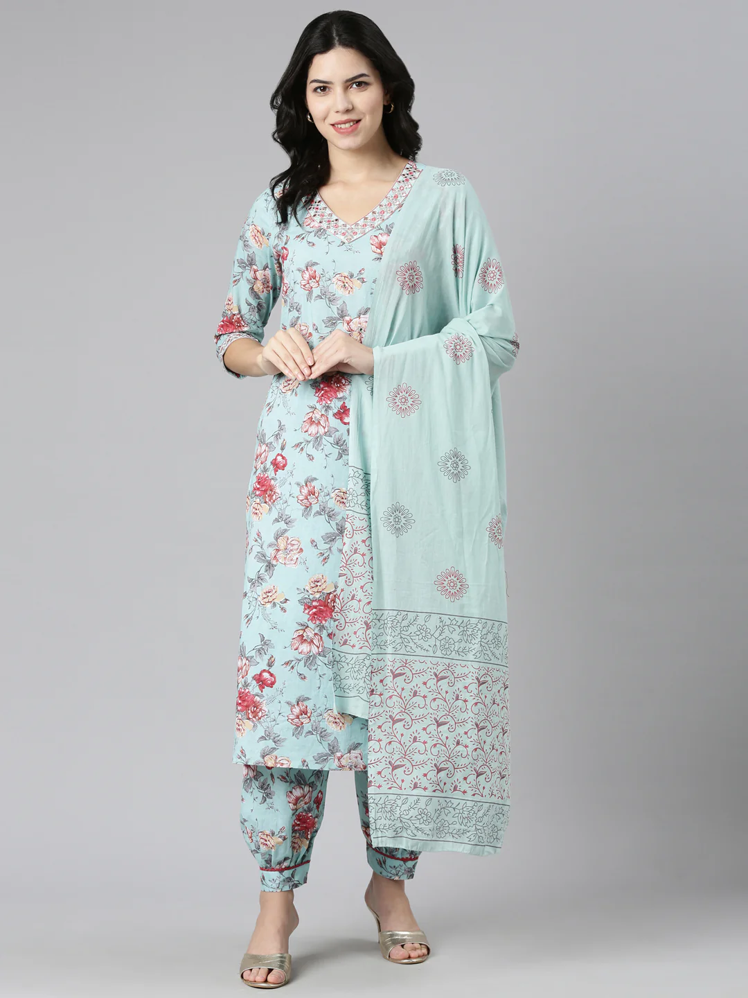 Neerus Sea Green Regular Straight Printed Kurta And Salwar With Dupatta - Image 5