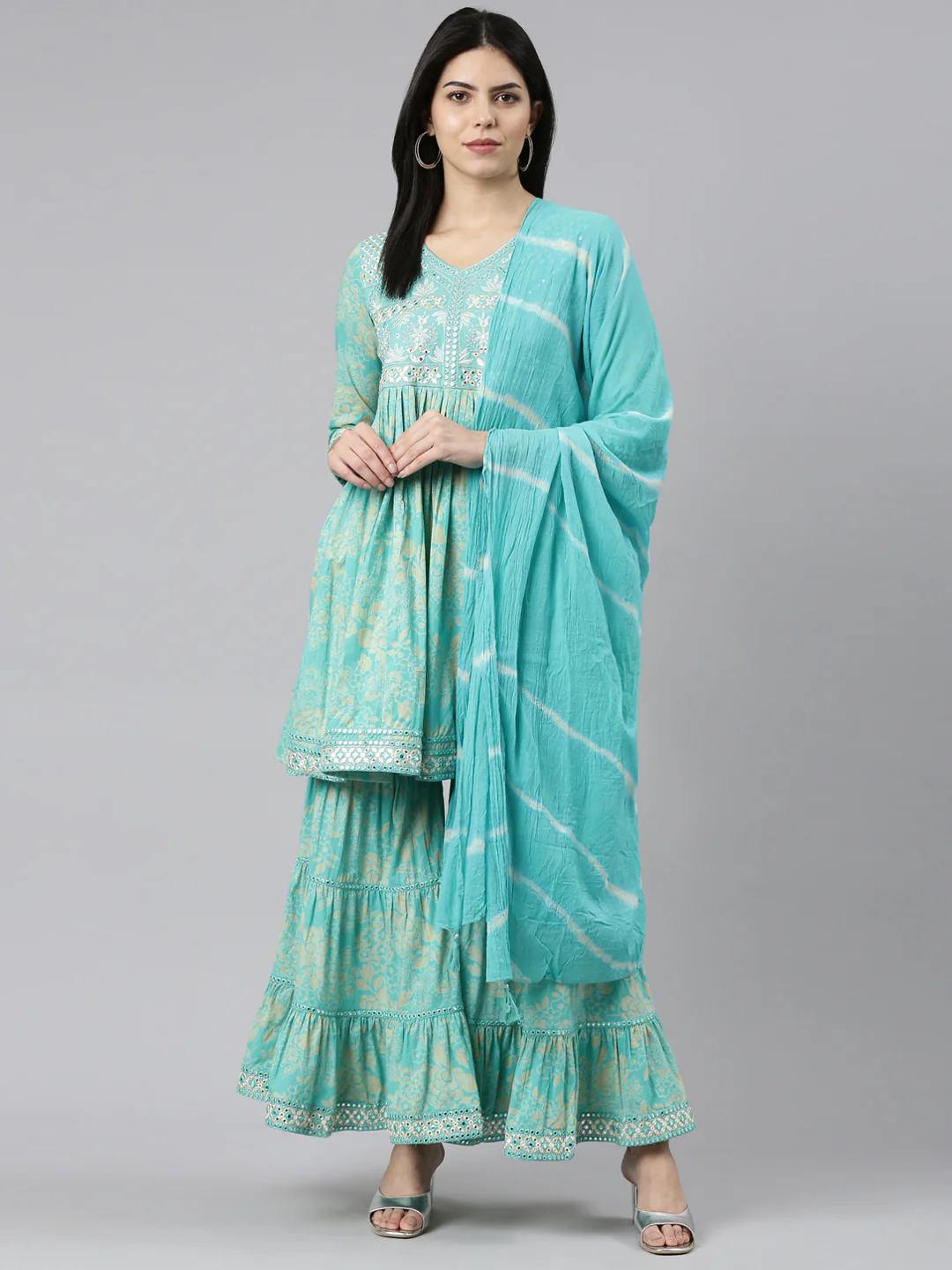 Neerus Sea Green Regular Straight Printed Kurta And Sharara With Dupatta - Image 5