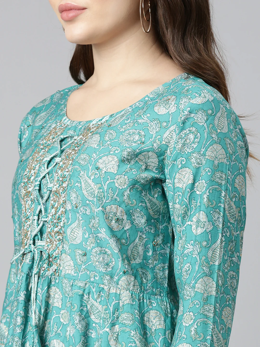 Neerus Sea Green Regular Straight Printed Kurta And Trousers With Dupatta - Image 4