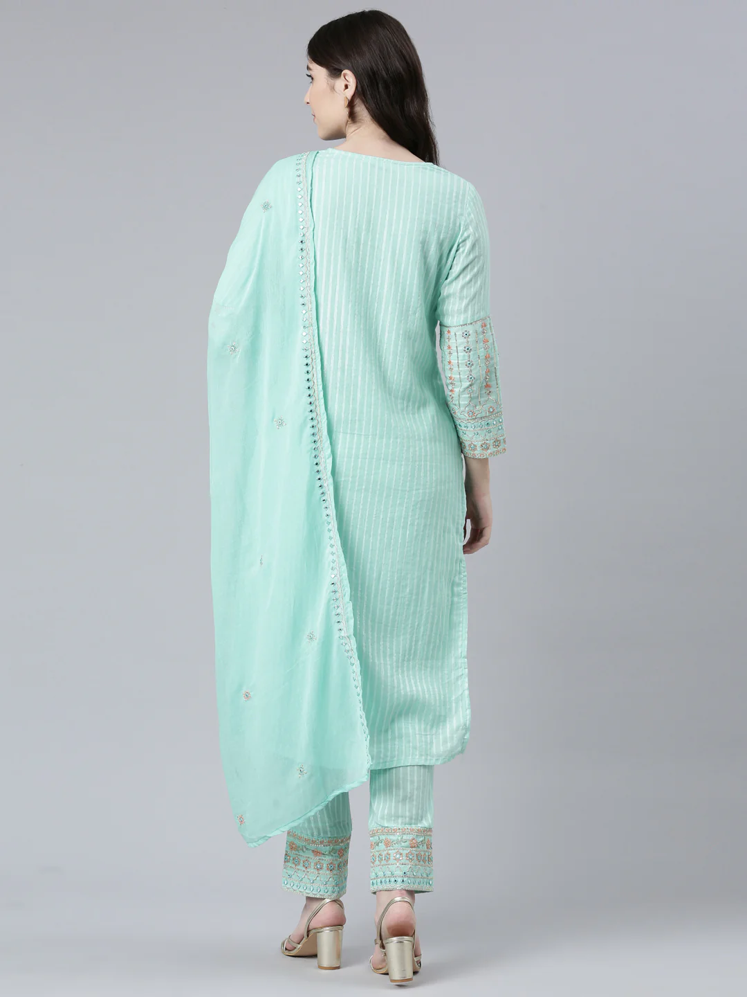 Neerus Sea Green Regular Straight Printed Kurta And Trousers With Dupatta - Image 3
