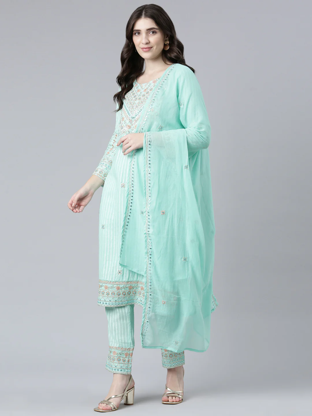 Neerus Sea Green Regular Straight Printed Kurta And Trousers With Dupatta - Image 5