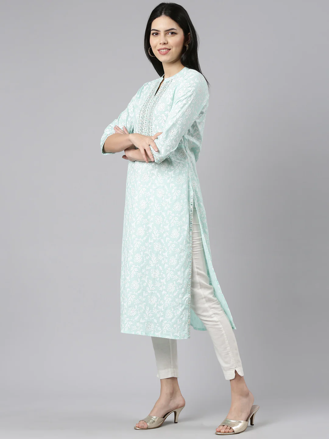 Neerus Sea Green Regular Straight Printed Kurta - Image 2