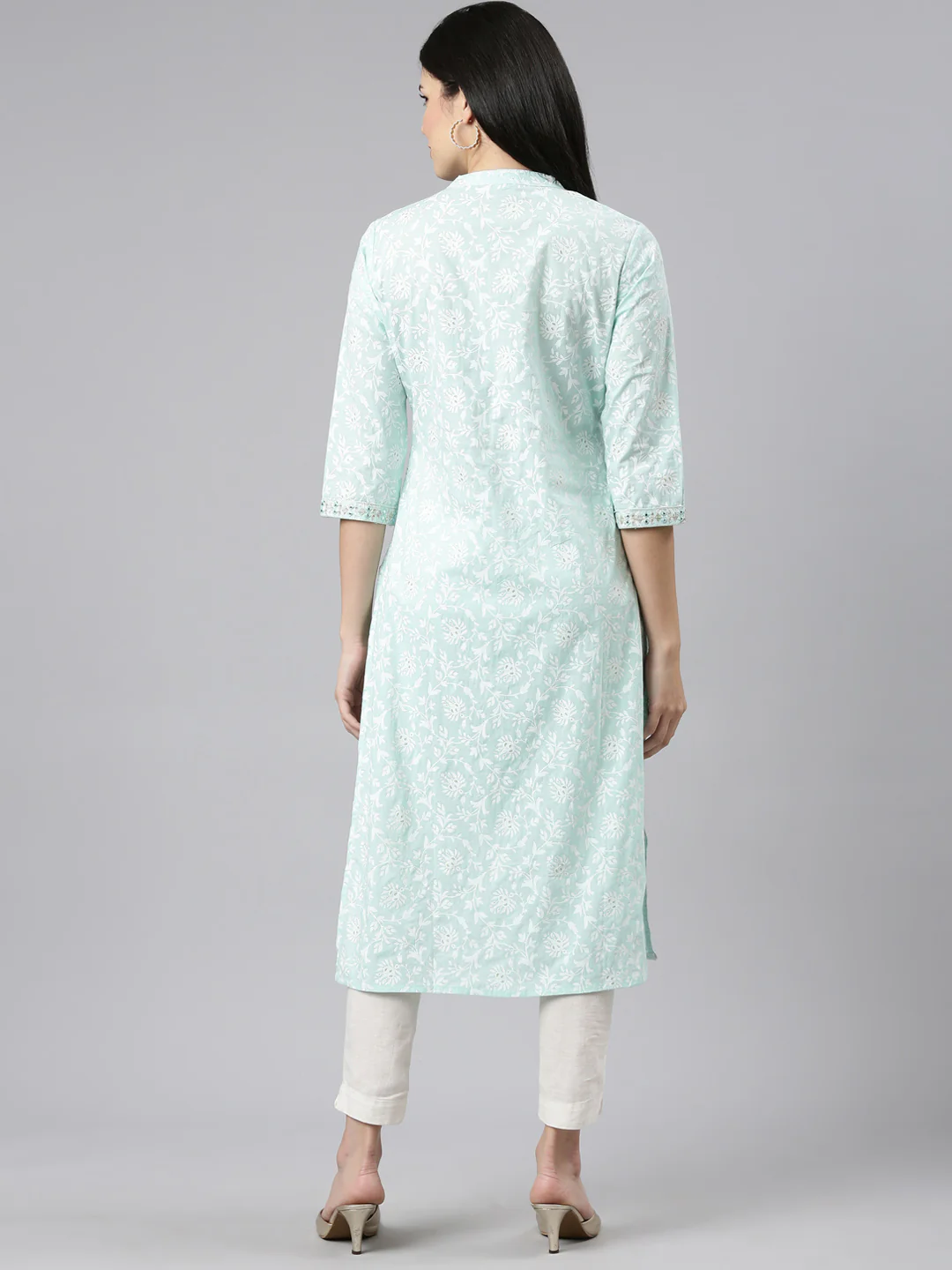 Neerus Sea Green Regular Straight Printed Kurta - Image 3