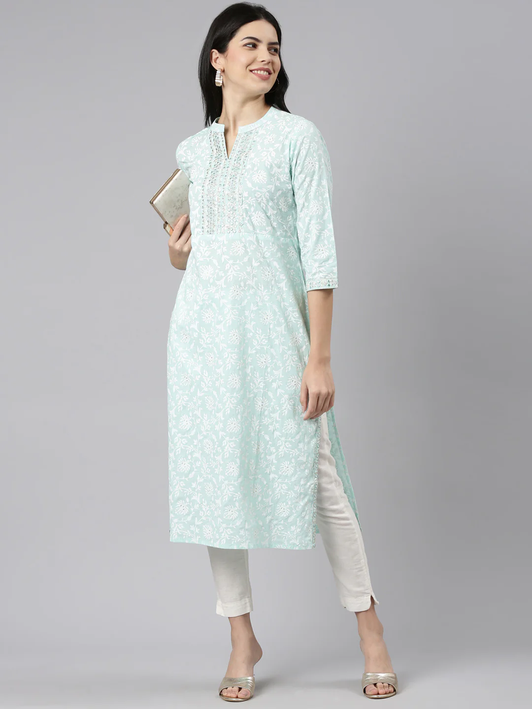 Neerus Sea Green Regular Straight Printed Kurta - Image 5