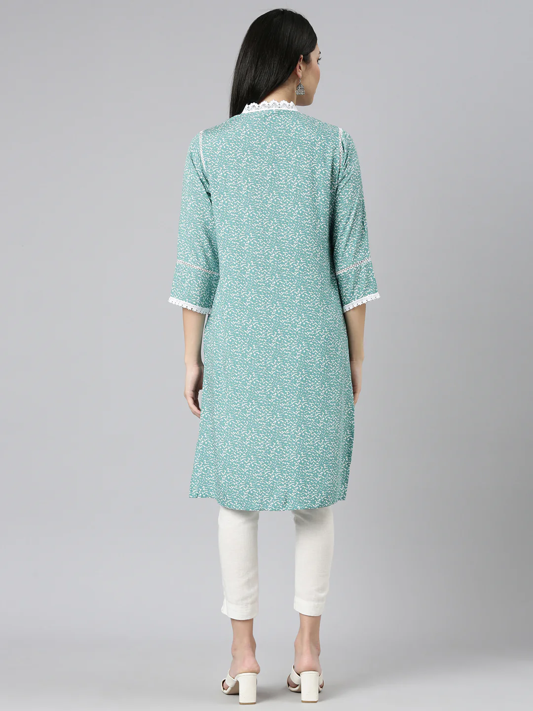 Neerus Sea Green Regular Straight Printed Kurta - Image 3