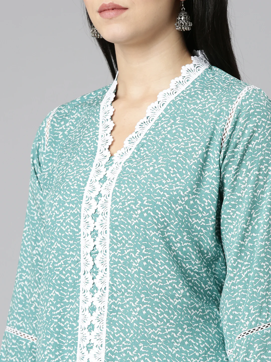 Neerus Sea Green Regular Straight Printed Kurta - Image 4