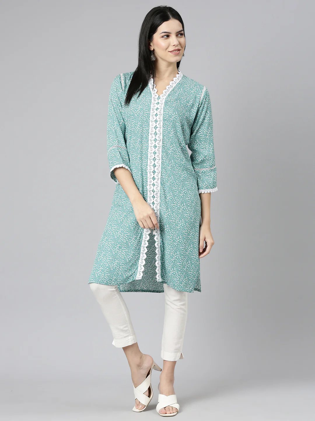 Neerus Sea Green Regular Straight Printed Kurta - Image 5