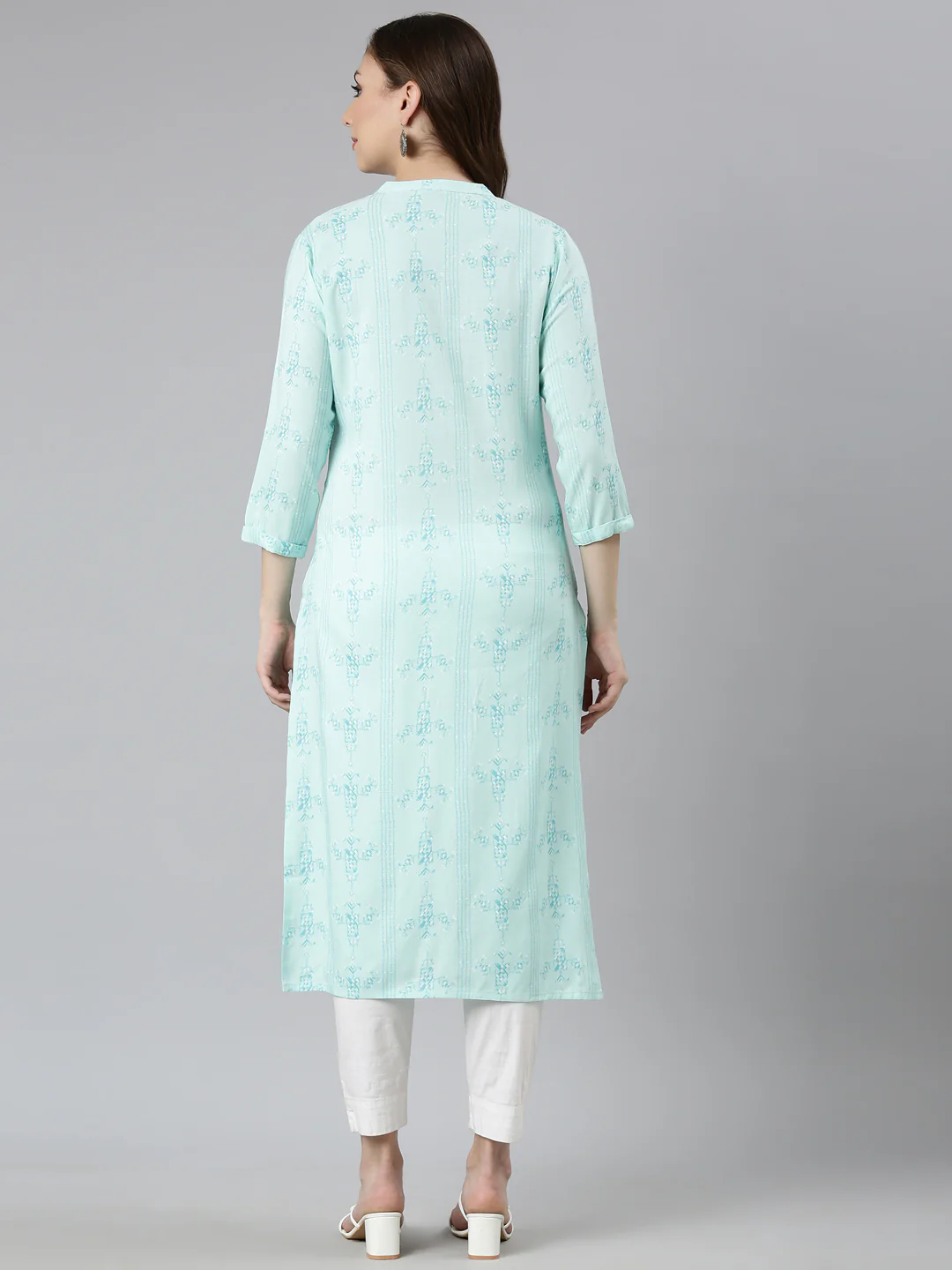 Neerus Sea Green Regular Straight Woven Design Kurta - Image 3