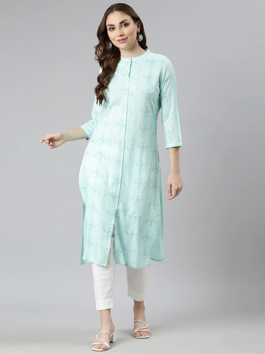 Neerus Sea Green Regular Straight Woven Design Kurta - Image 4