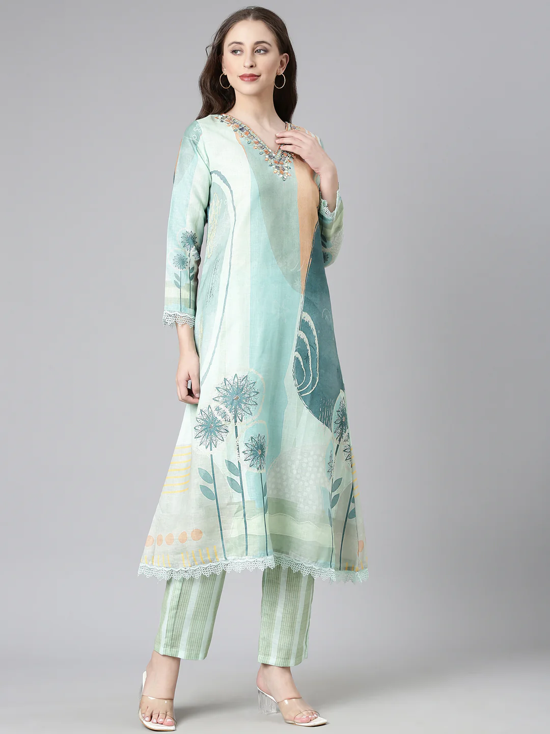 Neerus Sea Green Solid Straight Kurta and Trousers With Dupatta - Image 2