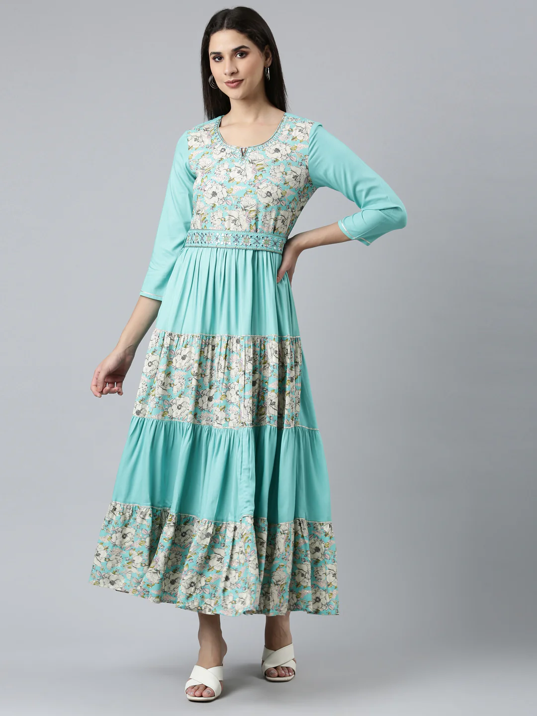 Neerus Sea Green Straight Casual Embroidered Dress