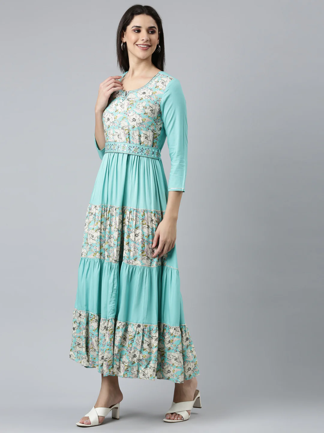 Neerus Sea Green Straight Casual Embroidered Dress - Image 2