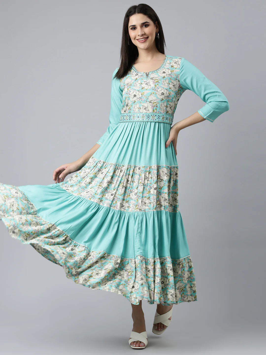 Neerus Sea Green Straight Casual Embroidered Dress - Image 4