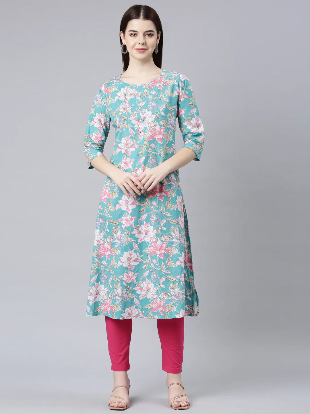 Neerus Sea Green Straight Casual Floral Straight Kurta