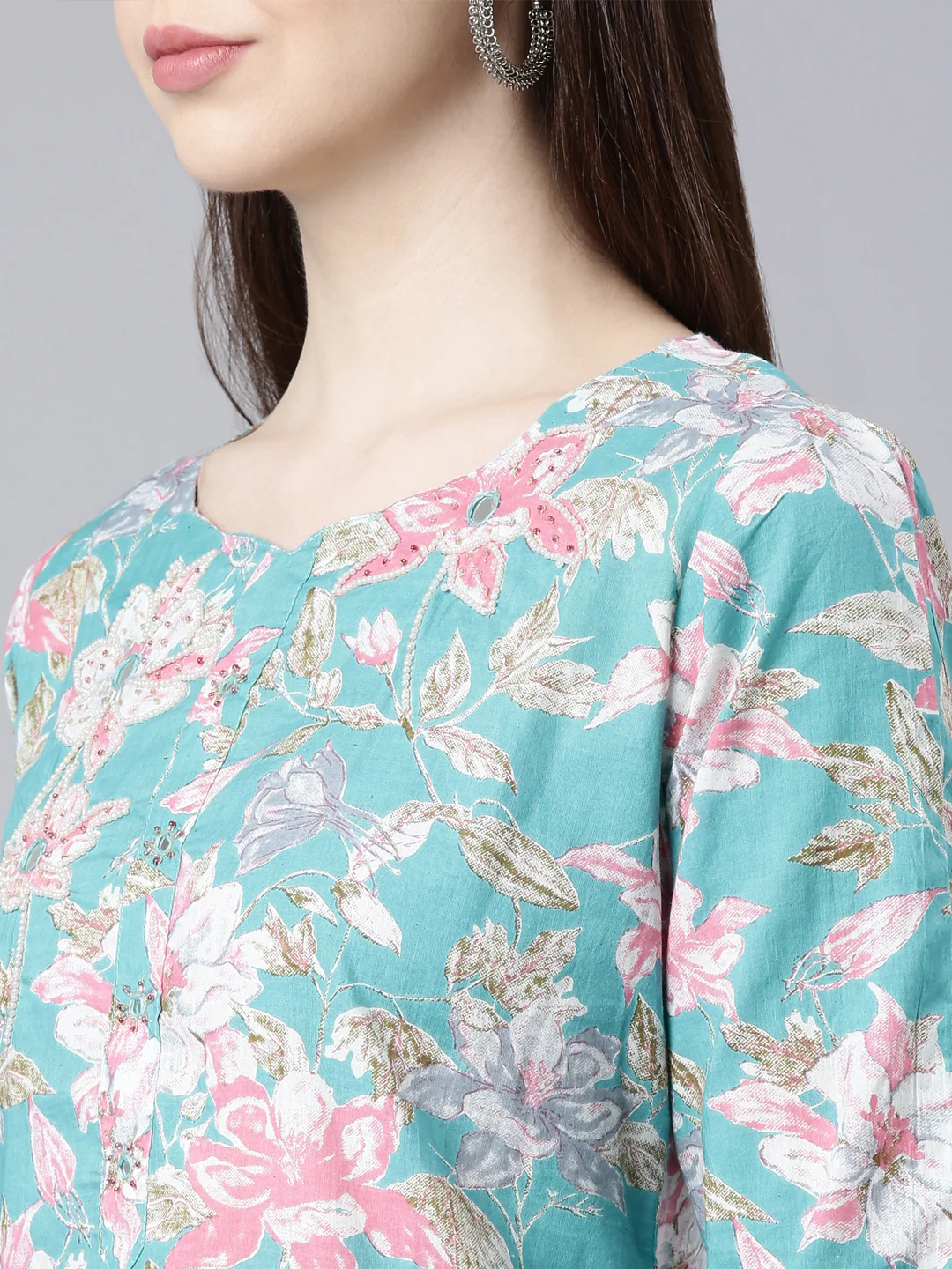 Neerus Sea Green Straight Casual Floral Straight Kurta - Image 5