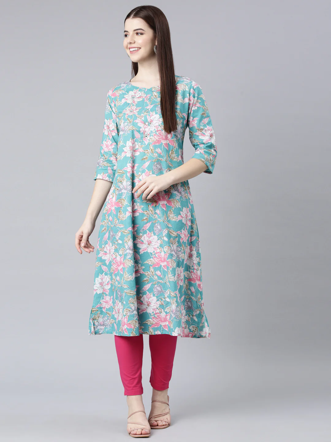 Neerus Sea Green Straight Casual Floral Straight Kurta - Image 7
