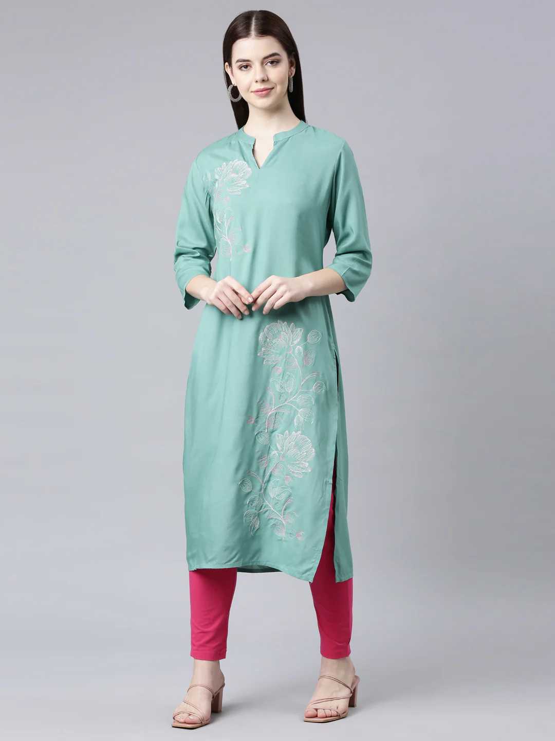 Neerus Sea Green Straight Casual Floral Straight Kurta