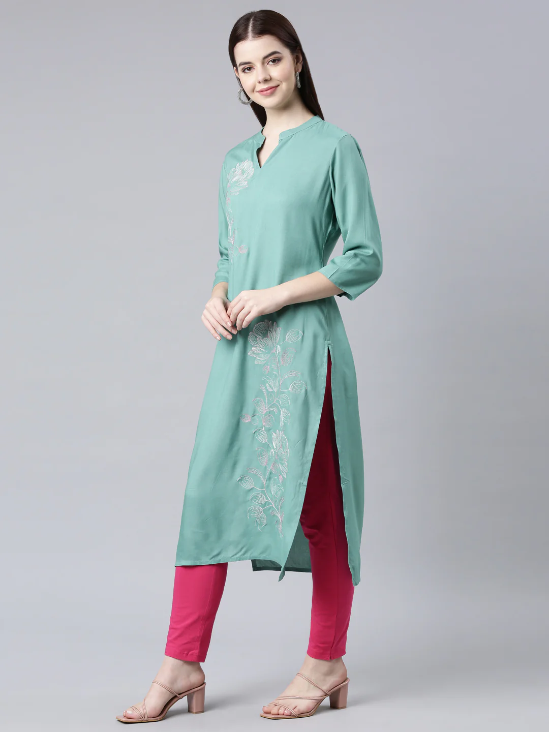 Neerus Sea Green Straight Casual Floral Straight Kurta - Image 2