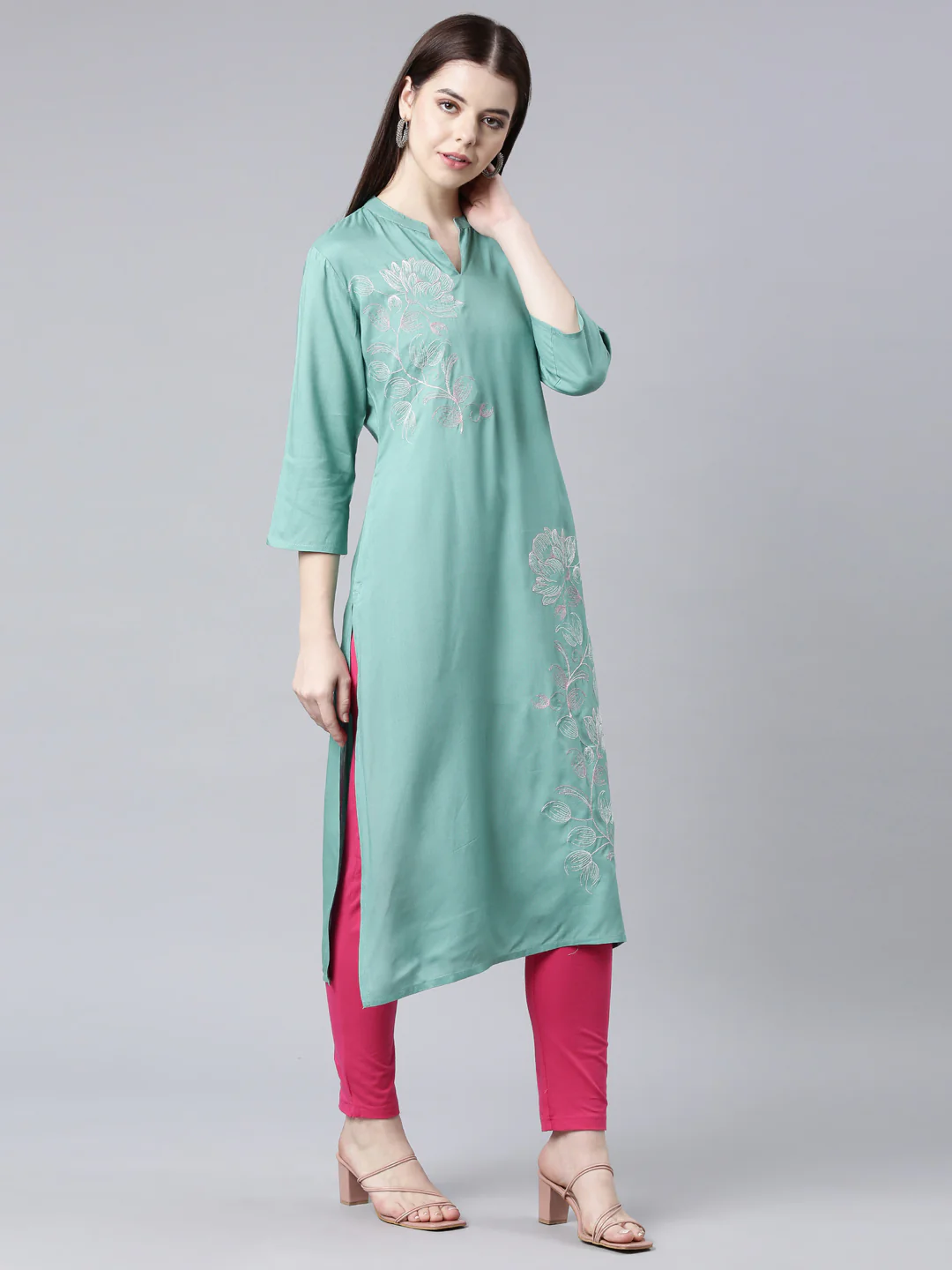 Neerus Sea Green Straight Casual Floral Straight Kurta - Image 3