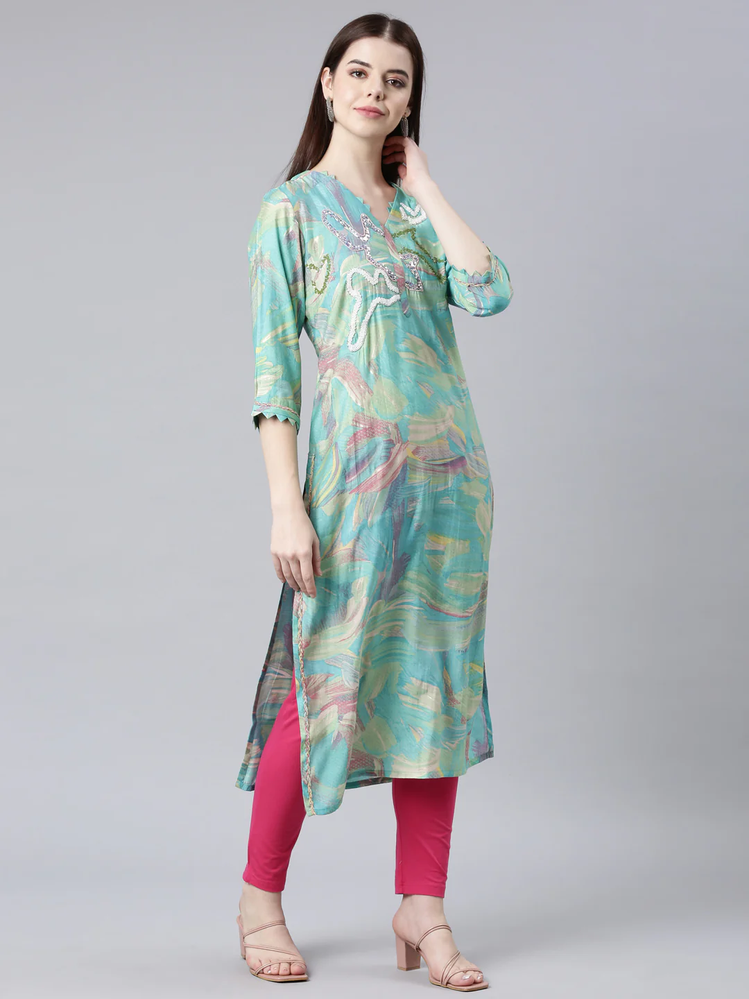 Neerus Sea Green Straight Casual Solid Straight Kurta - Image 2