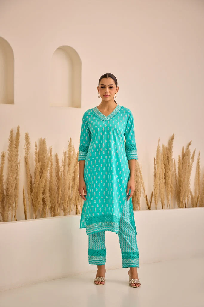 Neerus Sea Green Straight Printed Kurta And Trousers With Dupatta - Image 5