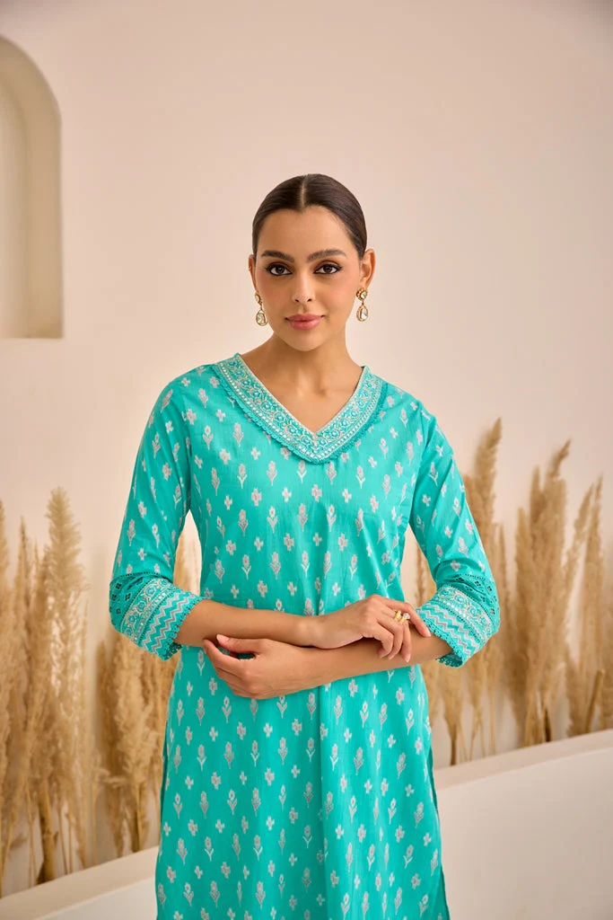 Neerus Sea Green Straight Printed Kurta And Trousers With Dupatta - Image 6