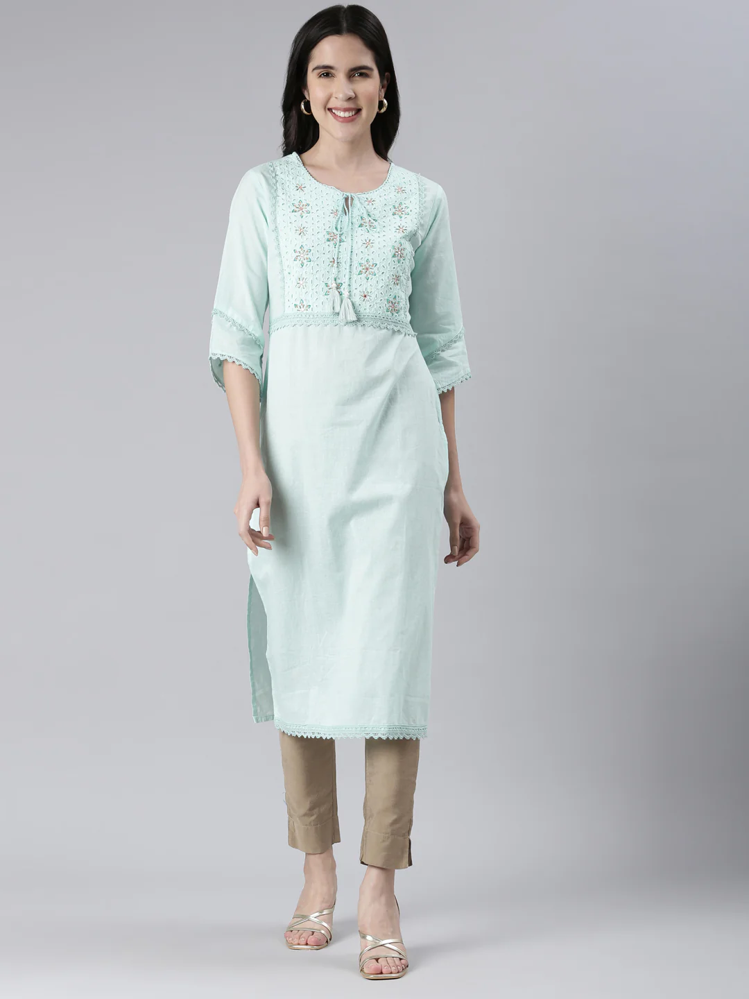 Neerus Sea Green Straight Solid Cotton Kurta