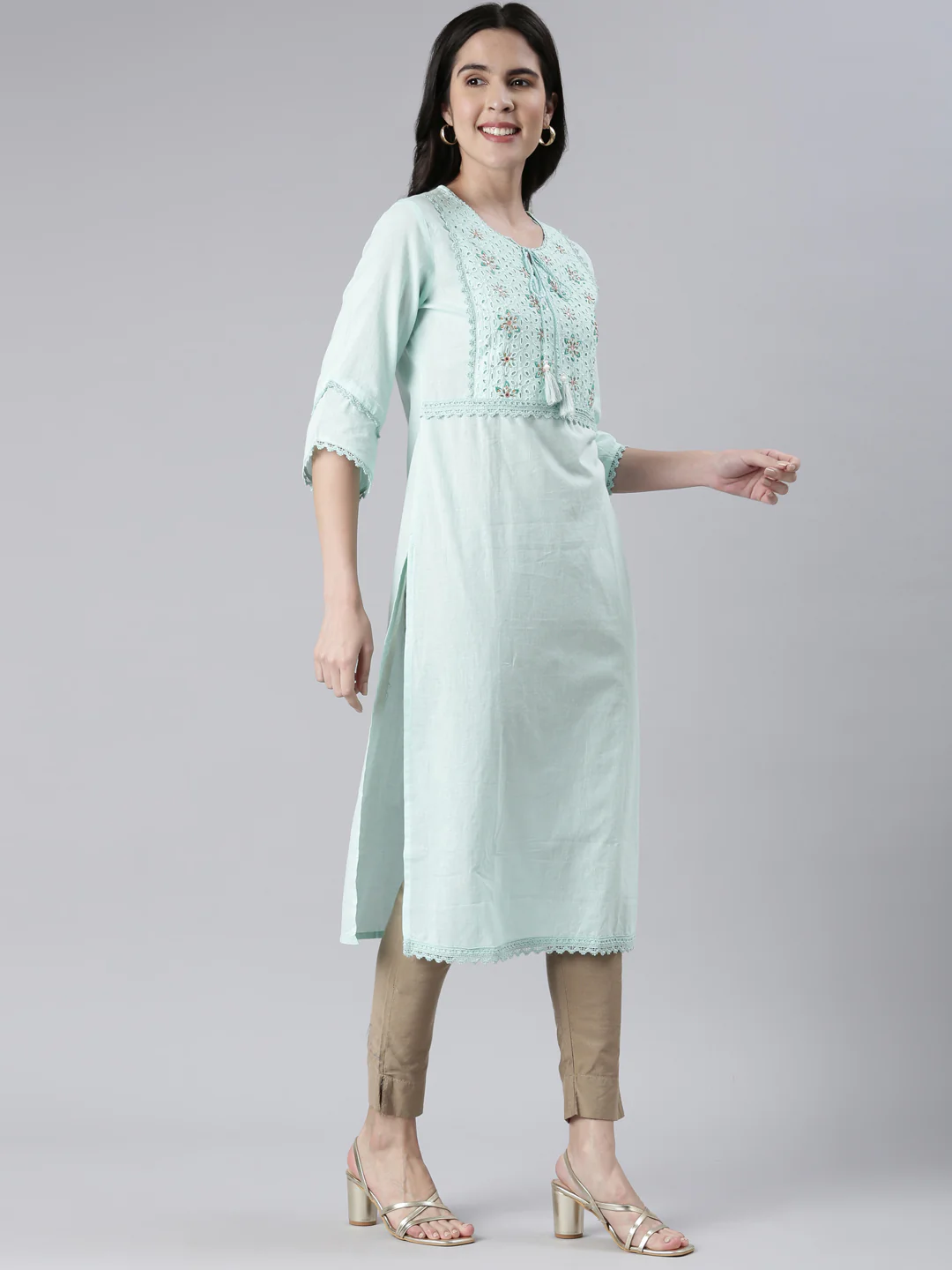 Neerus Sea Green Straight Solid Cotton Kurta - Image 2