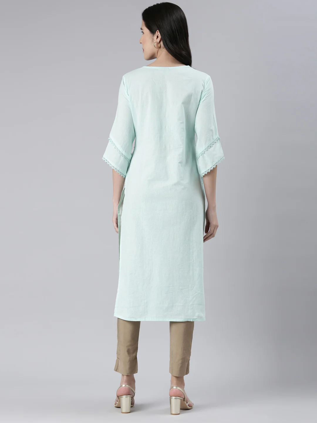 Neerus Sea Green Straight Solid Cotton Kurta - Image 3