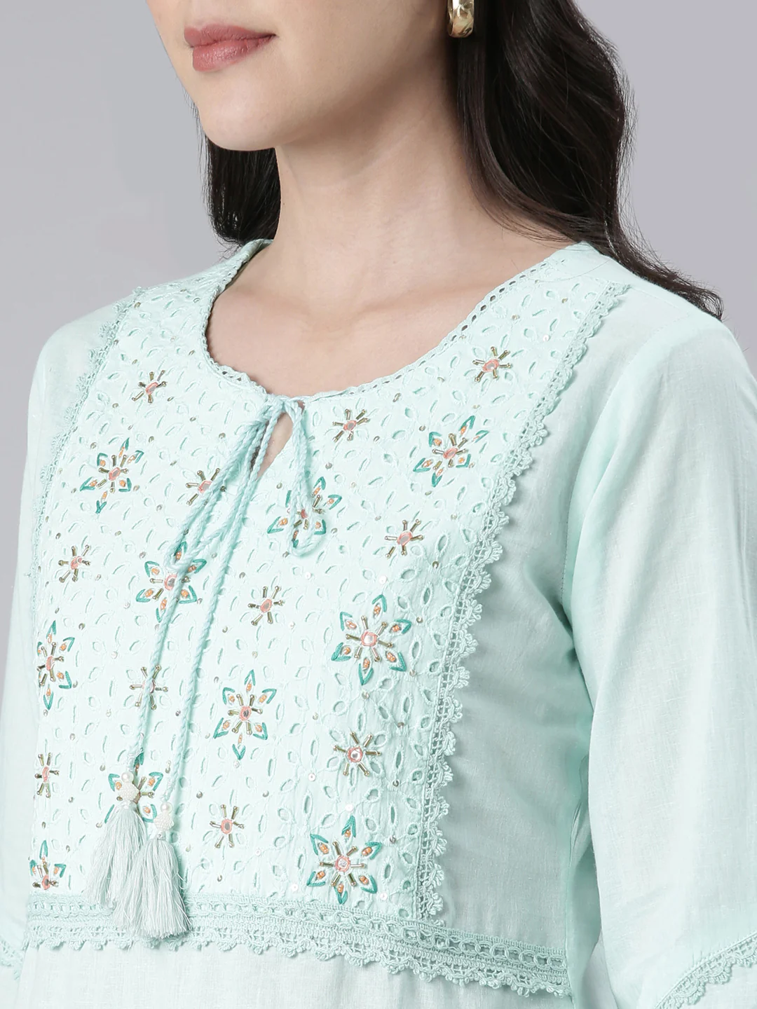 Neerus Sea Green Straight Solid Cotton Kurta - Image 4