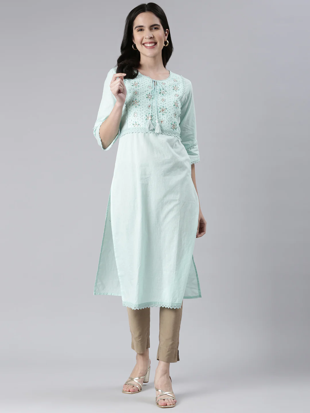 Neerus Sea Green Straight Solid Cotton Kurta - Image 5