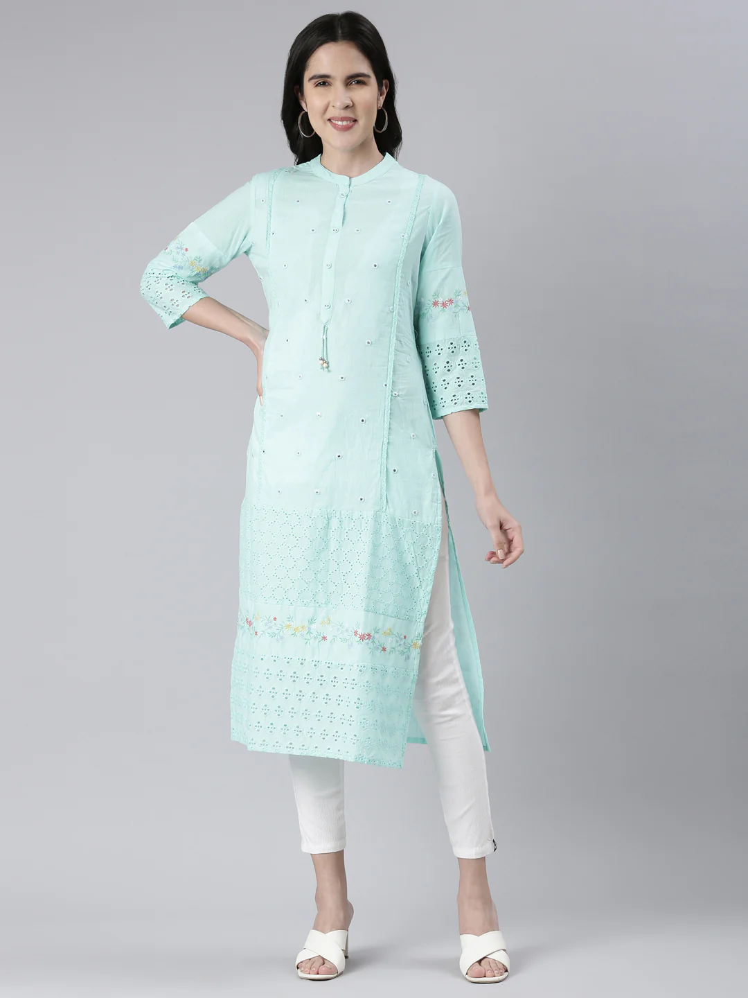 Neerus Sea Green Straight Solid Cotton Kurta