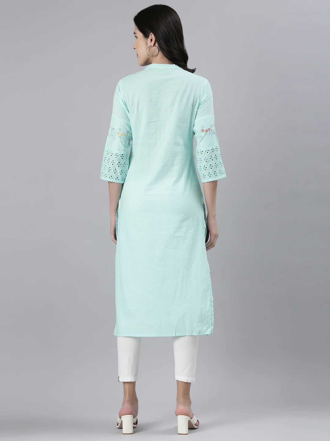 Neerus Sea Green Straight Solid Cotton Kurta - Image 3