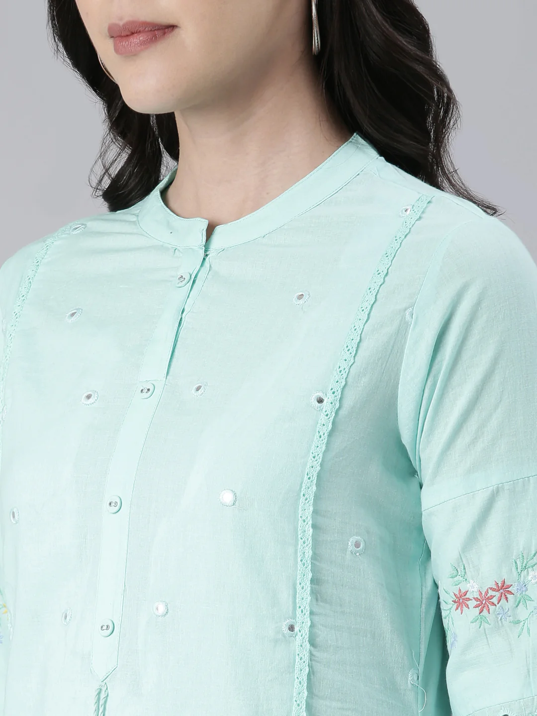 Neerus Sea Green Straight Solid Cotton Kurta - Image 4