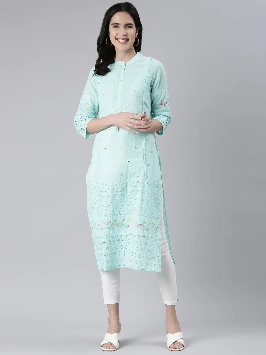 Neerus Sea Green Straight Solid Cotton Kurta - Image 5