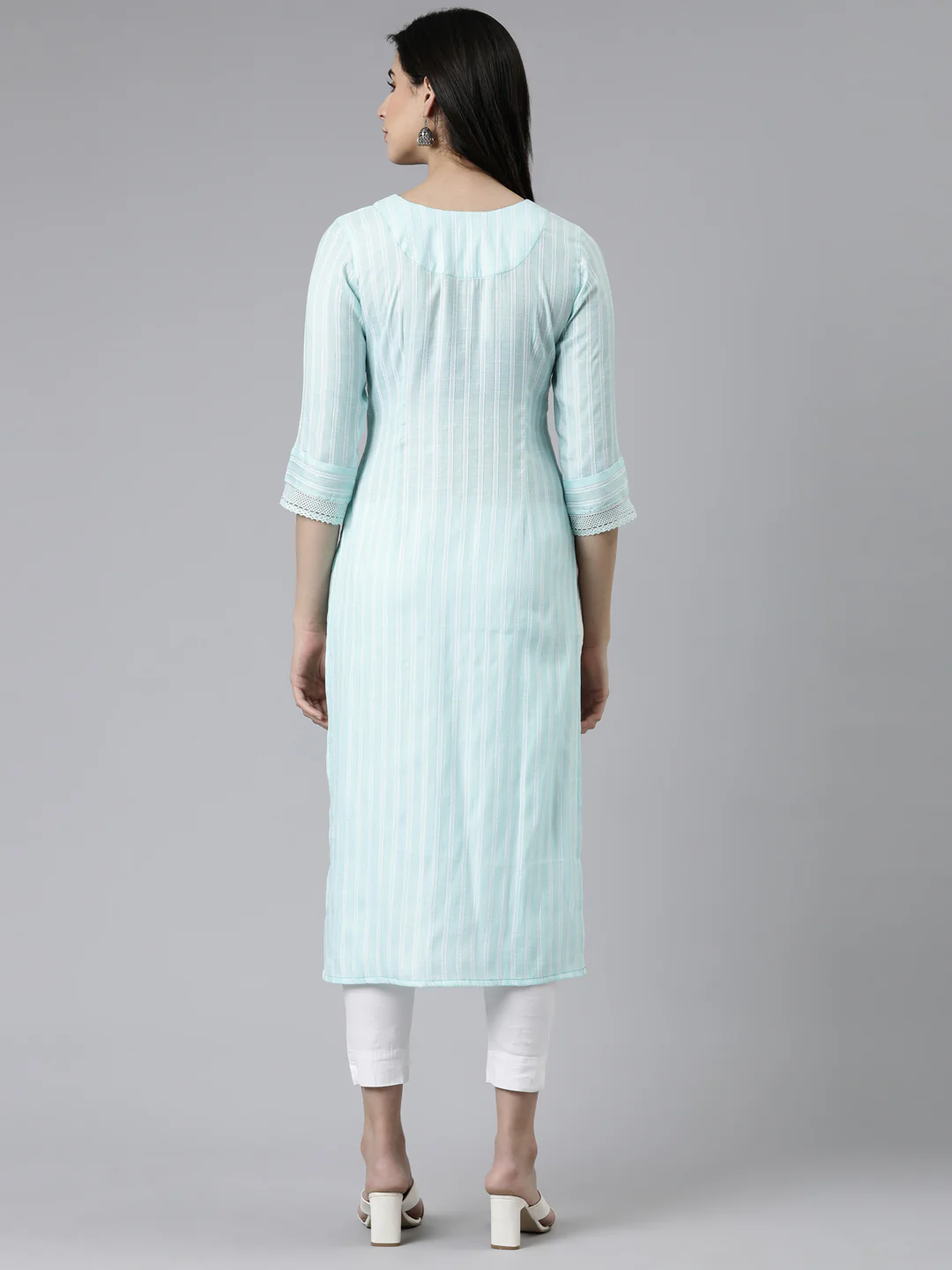 Neerus Sea Green Straight Solid Cotton Kurta - Image 3