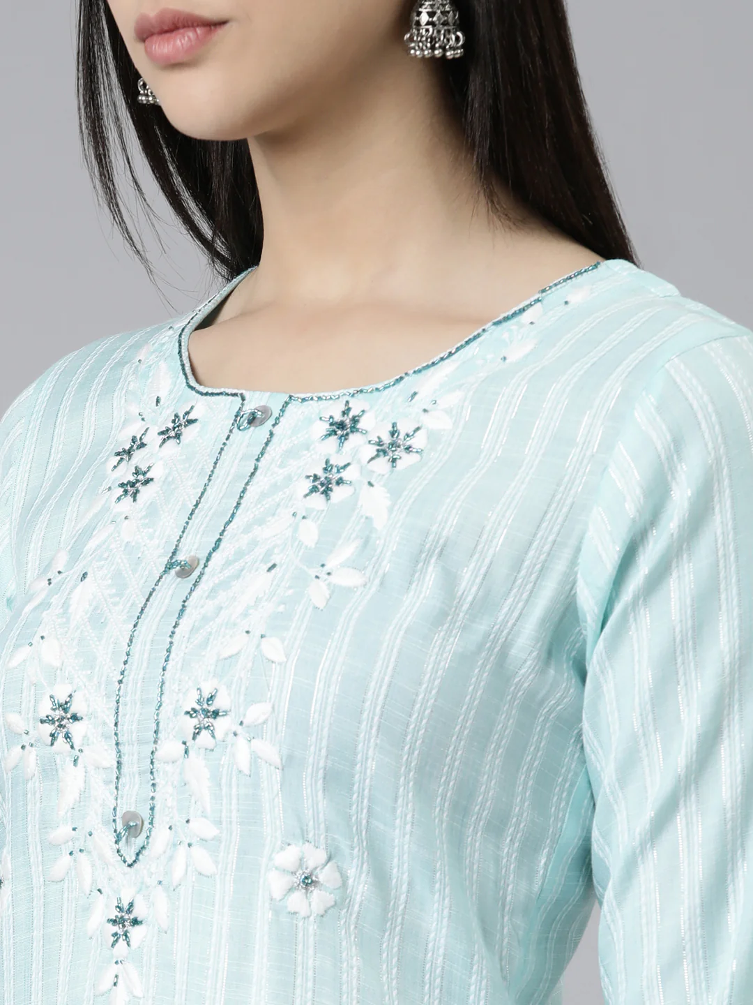 Neerus Sea Green Straight Solid Cotton Kurta - Image 4