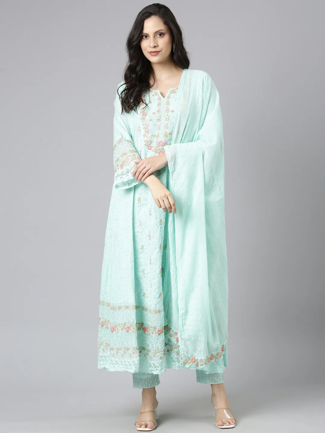 Neerus Sea Green Yoke Design Anarkali Kurta and Trousers With Dupatta - Image 5