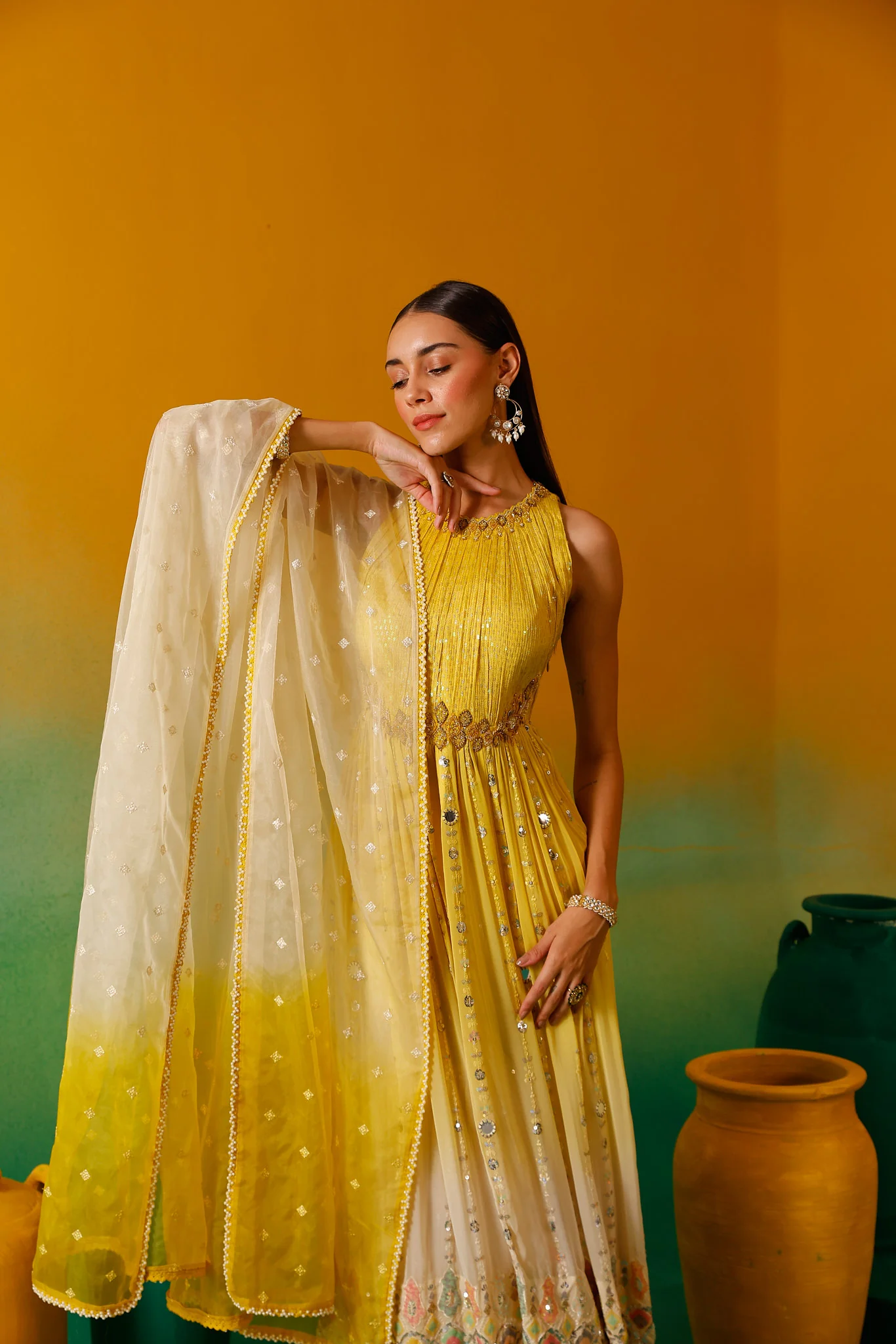 Neerus Yellow Sequence work Chinon Fabric Anarkali Set - Image 6