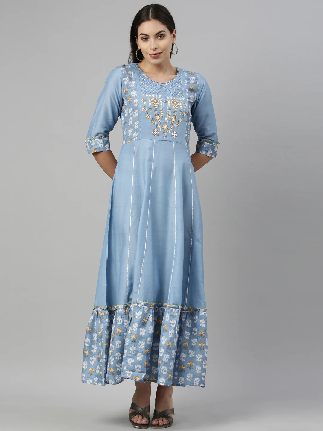 Neerus Sky Blue Color Muslin Fabric Kurta