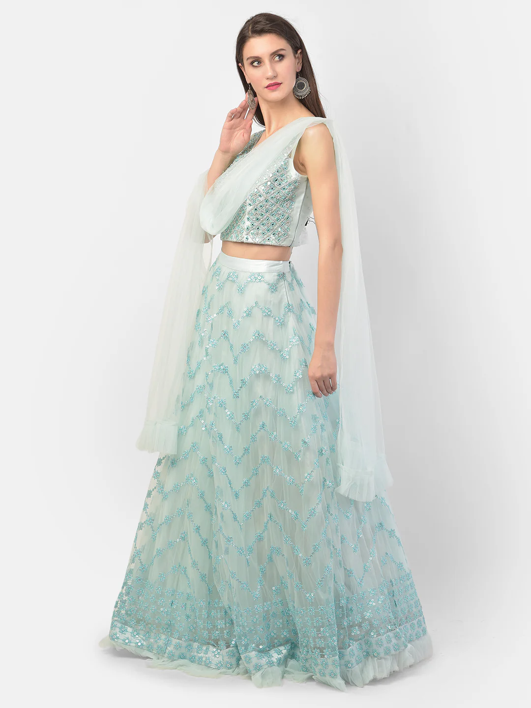 Neerus Sky Blue Color Nett Fabric Ghagra Set