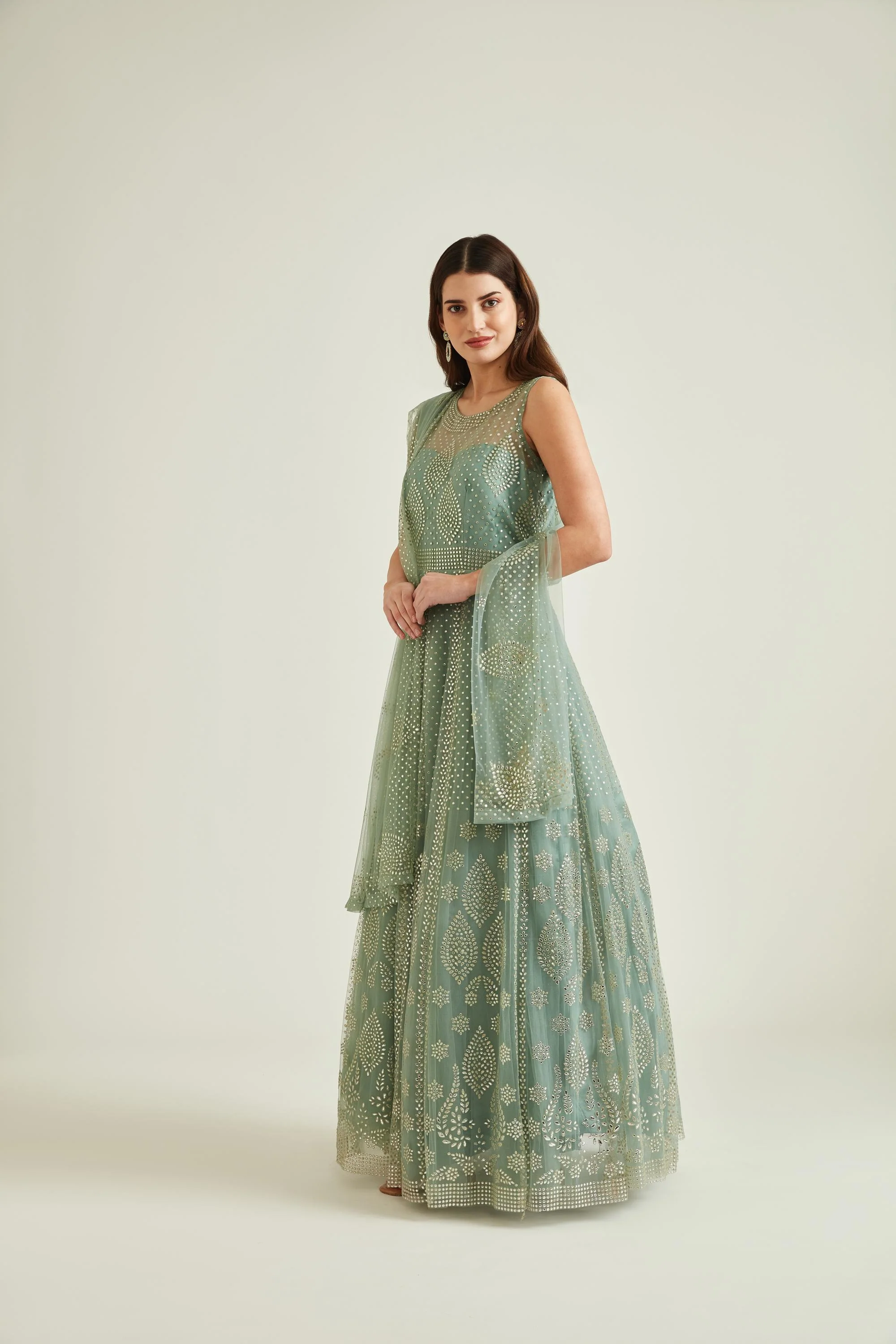 Neerus Sky Blue Colour Nett Fabric Gown