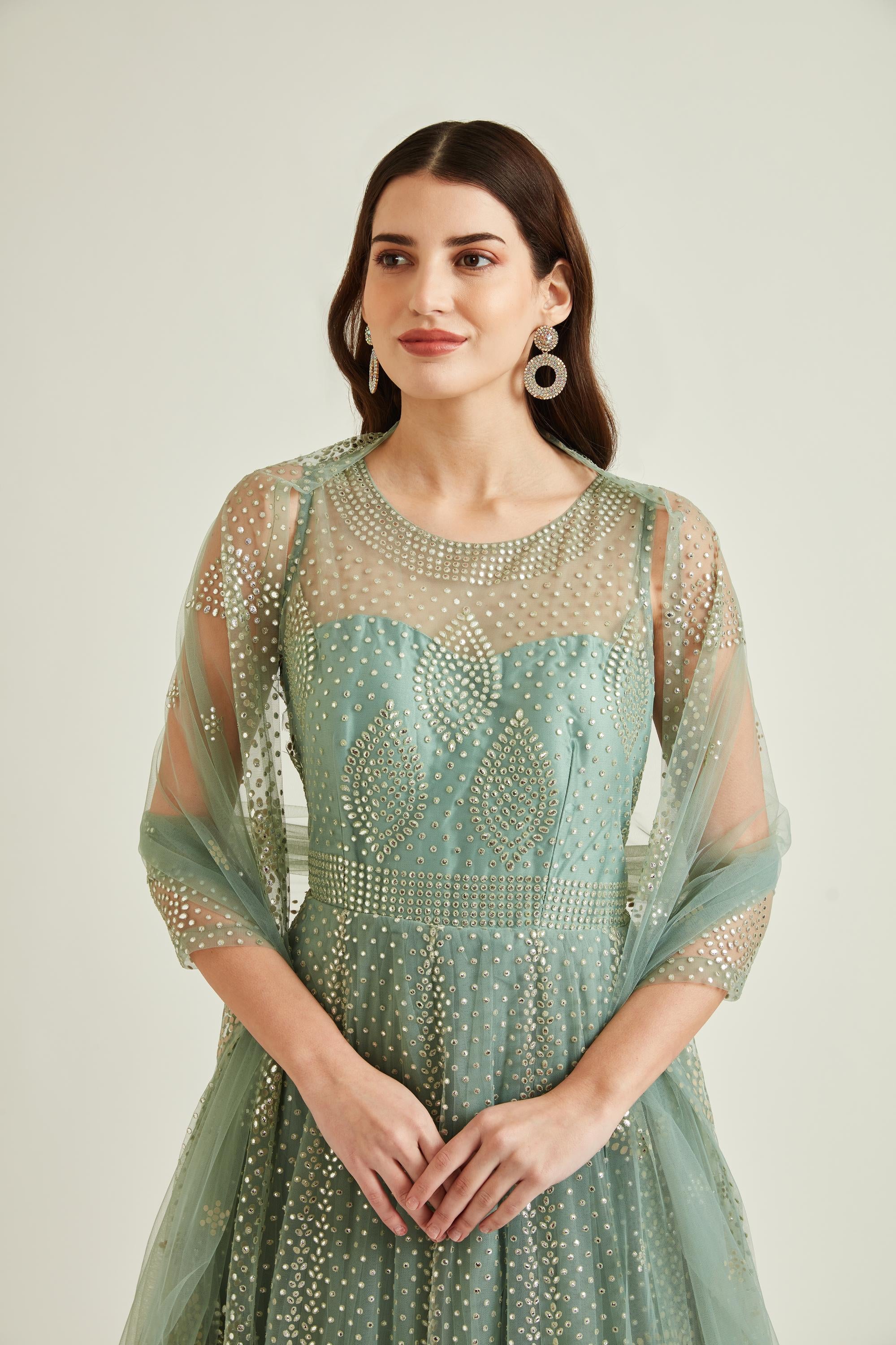 Neerus Sky Blue Colour Nett Fabric Gown - Image 3