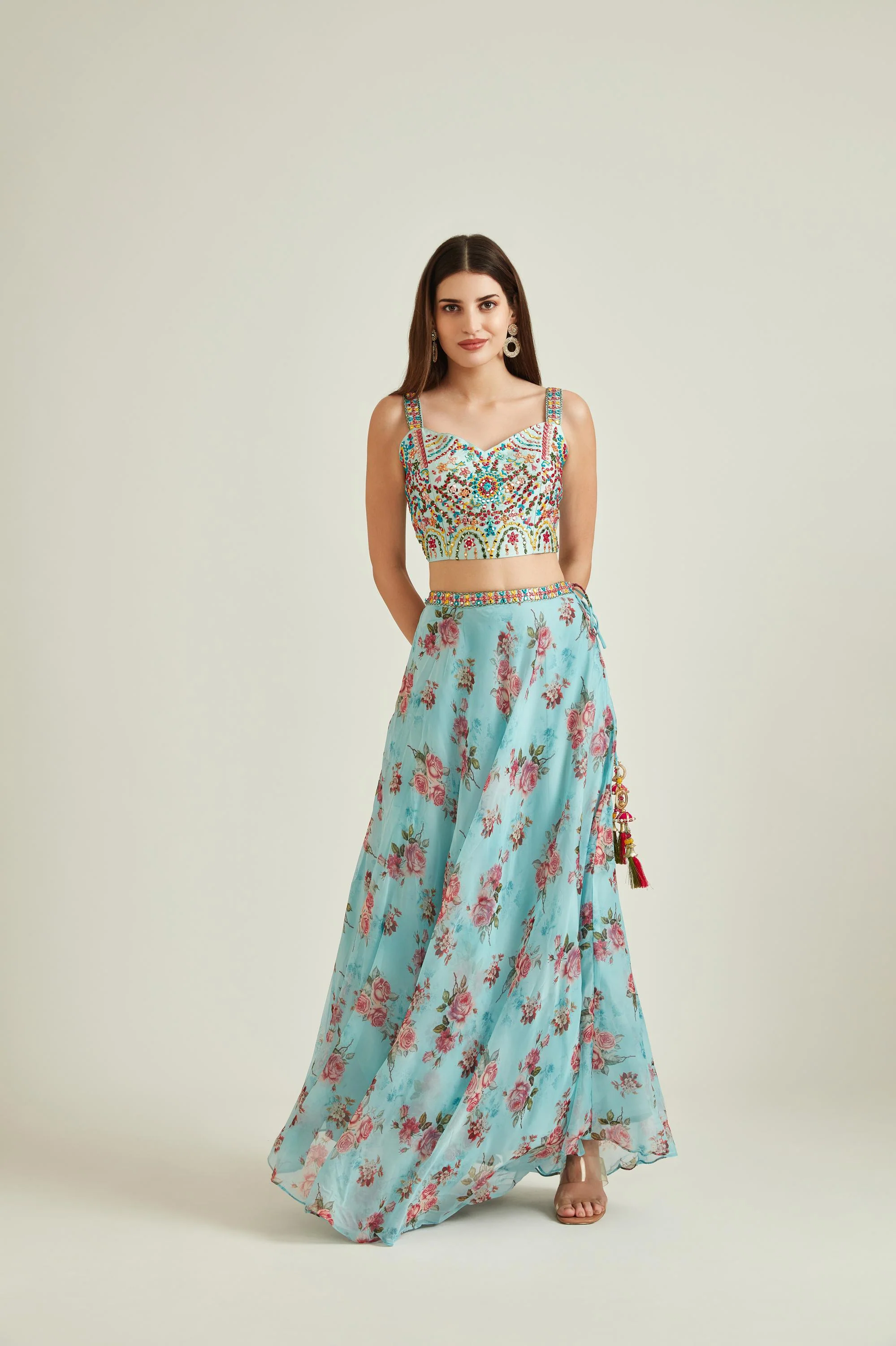 Neerus Sky Blue Colour Organza Fabric Ghagra Set - Image 4