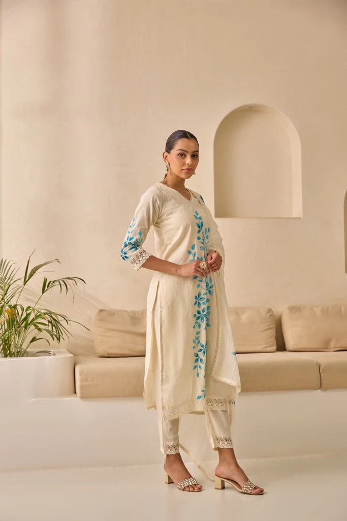 Neerus Sky Blue Straight Embellished Kurta And Trousers With Dupatta. - Image 2