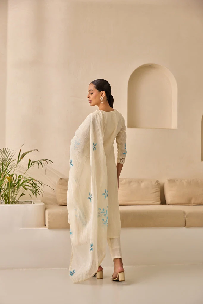 Neerus Sky Blue Straight Embellished Kurta And Trousers With Dupatta. - Image 3