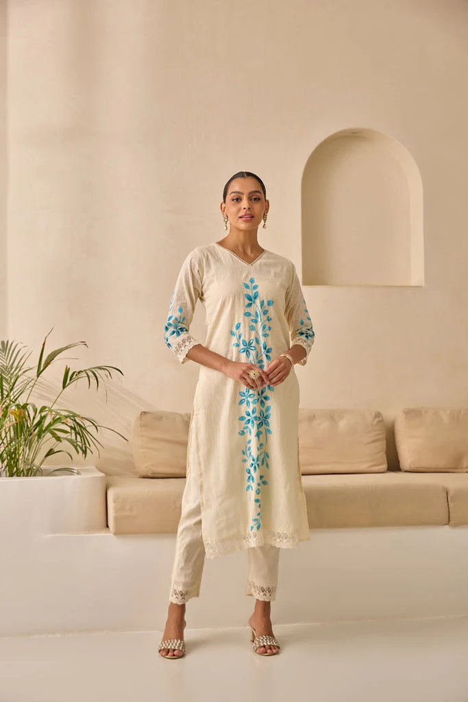 Neerus Sky Blue Straight Embellished Kurta And Trousers With Dupatta. - Image 4