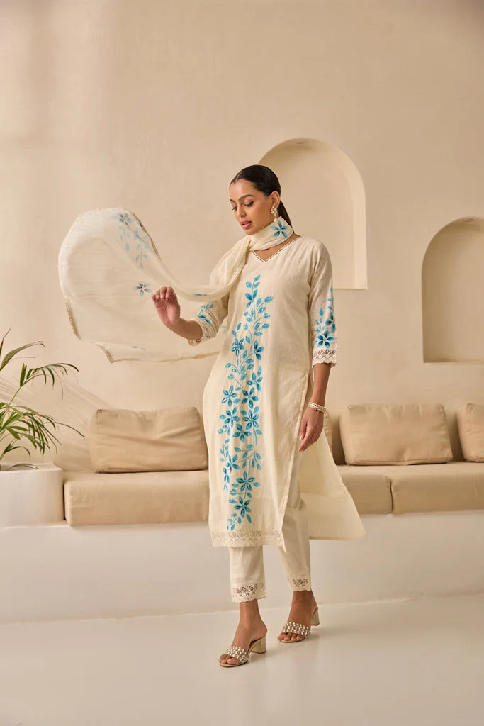 Neerus Sky Blue Straight Embellished Kurta And Trousers With Dupatta. - Image 5