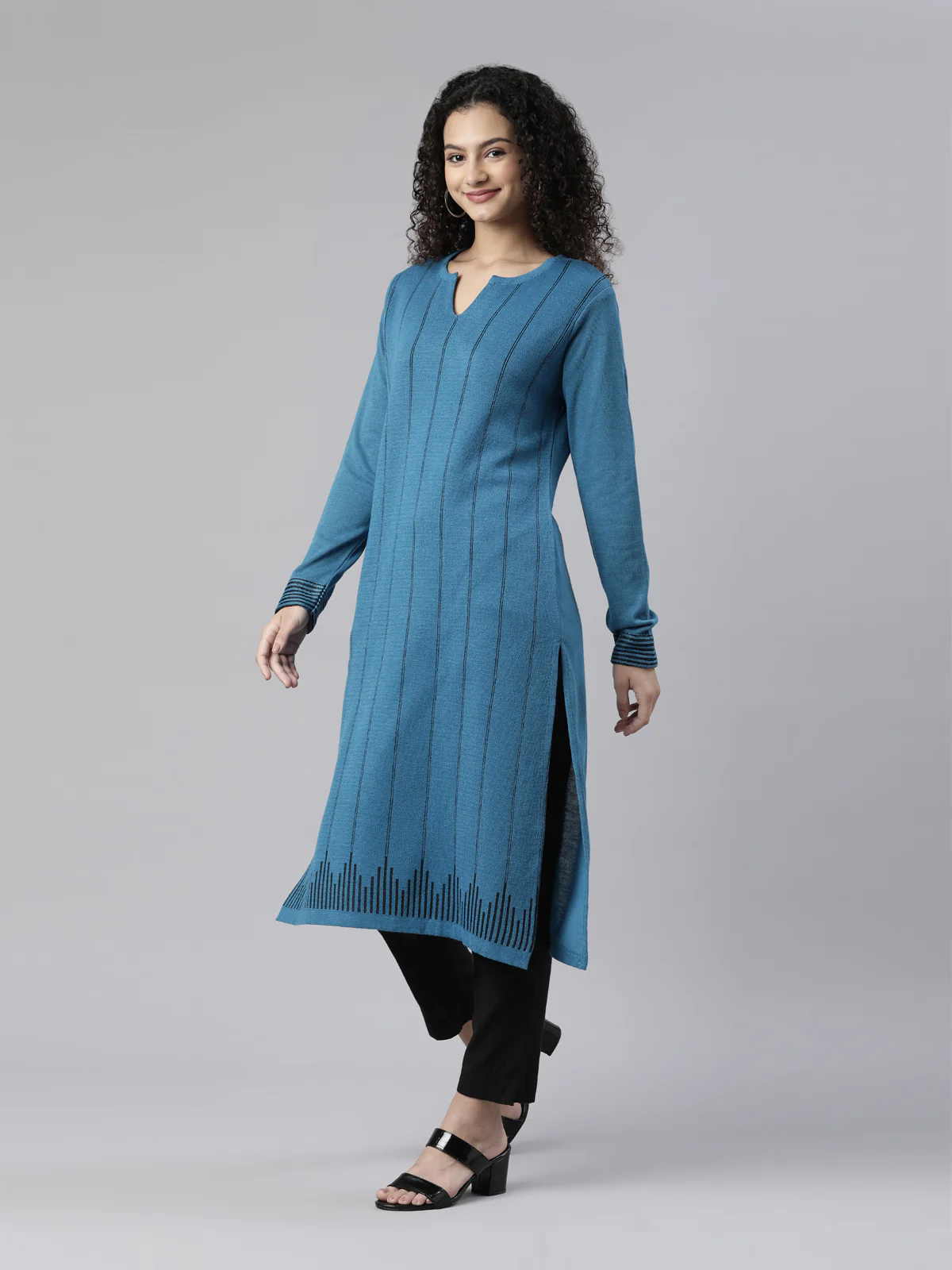 Neerus Winter Wear Striped Printed Straight Fit Acrylic Kurta For Women - Image 2