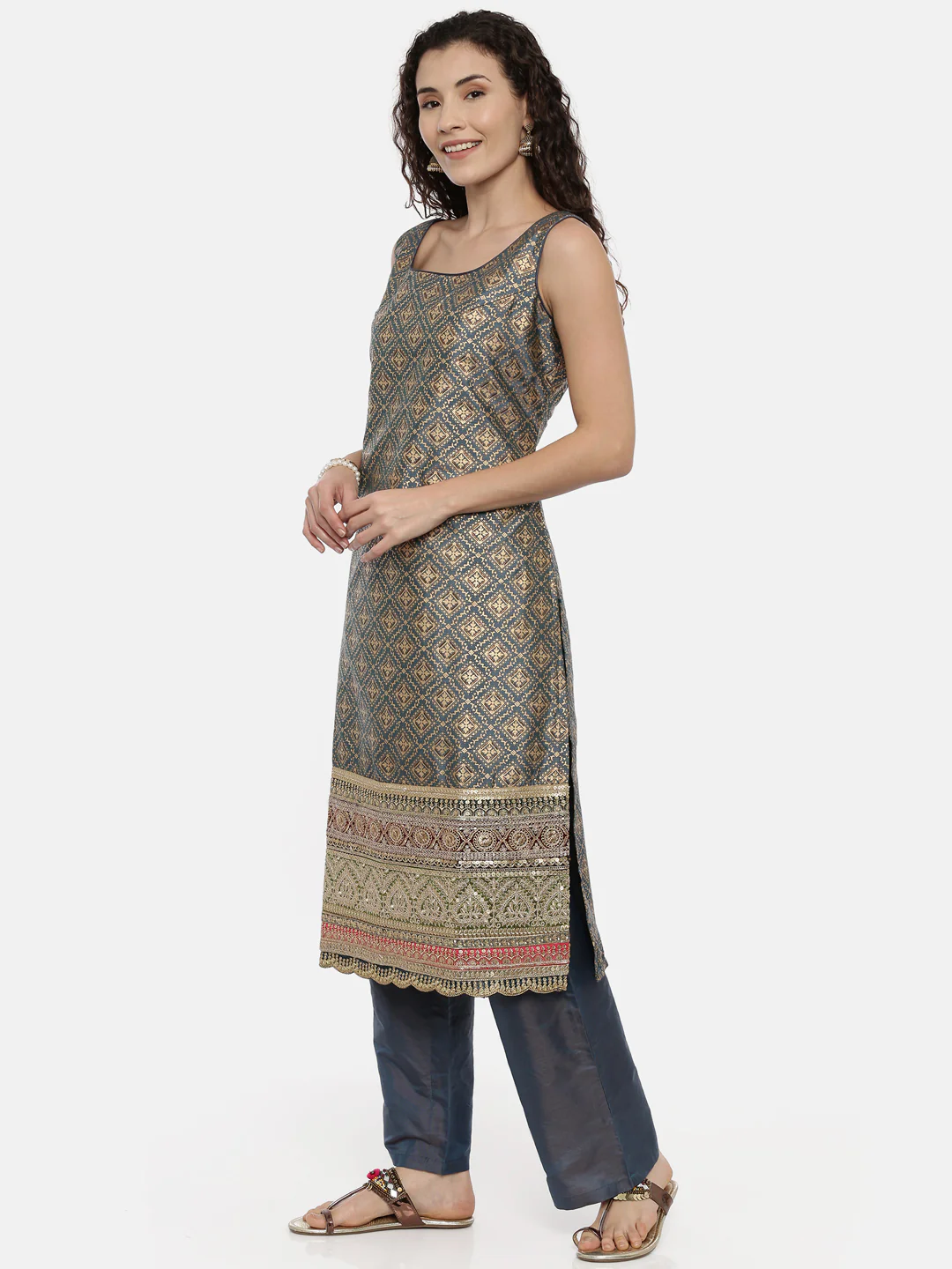 Neerus Teal Color Printed Fabric Suit-Pant - Image 2